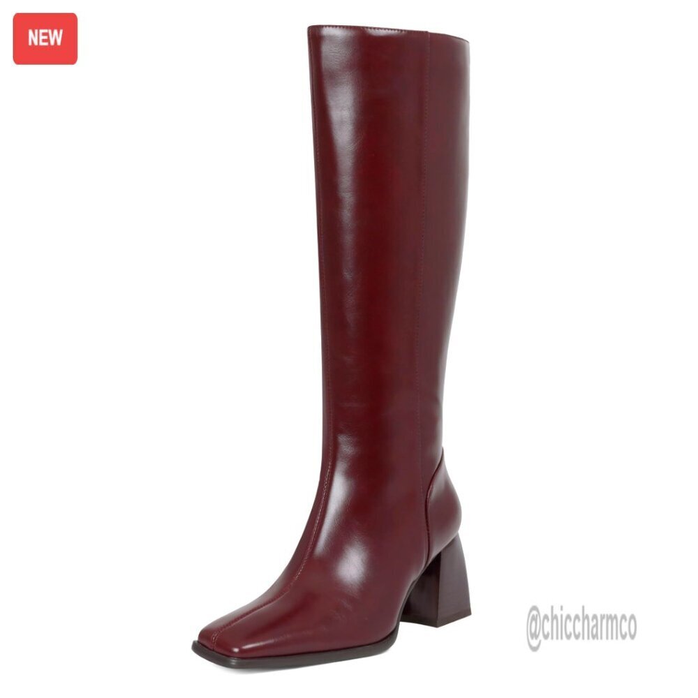Knee High Boots Square Toe Chunky Heel Zip Up Dress Boots Comfortable